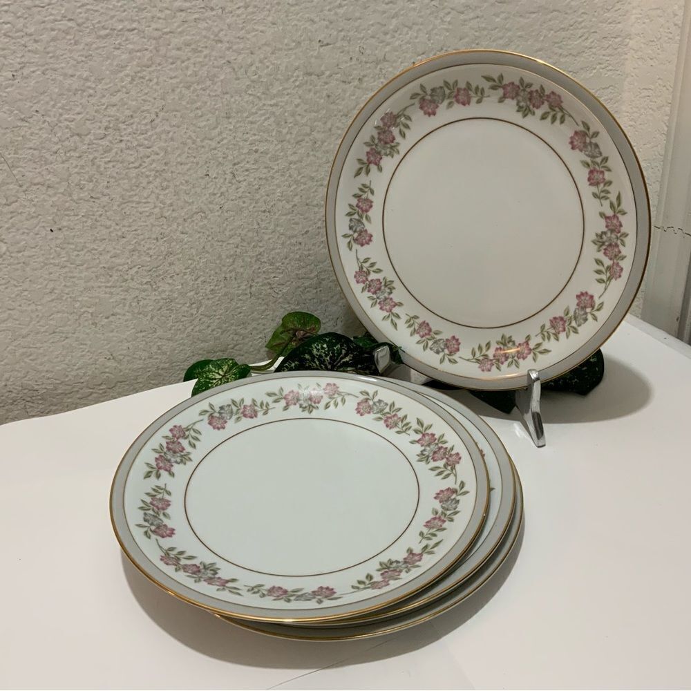 Noritake 5433 Gray & Gold Rimmed 10 3/8” Flowers Japan Set Of 4 Dinner Plate G5